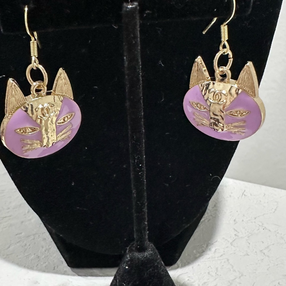 Gold and Purple Cat Earrings